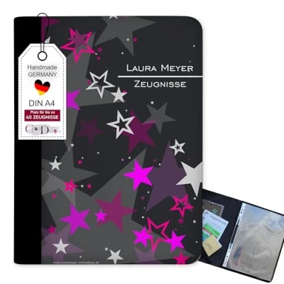 Abbildung von CreaDesign, Kinder Zeugnismappe personalisiert mit Namen, Zeugnis Mappe Sterne Rosa, DIN A4, 26,7 x 32,7 1 cm, Rücken schwarz
