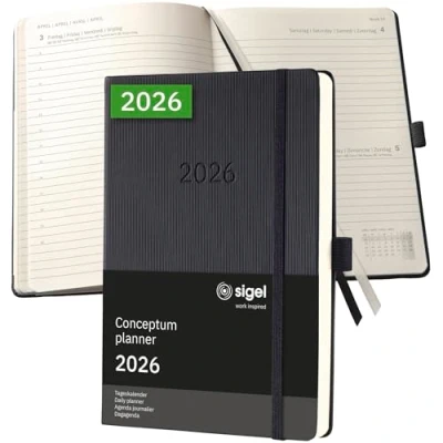Abbildung von SIGEL C2610 Terminplaner Tageskalender 2026, ca. A5, schwarz, Hardcover, 400 Seiten, Gummiband, Stiftschlaufe, Archivtasche, aus nachhaltigem Papier, Conceptum