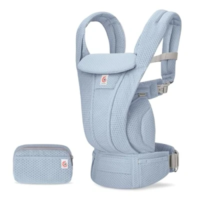 Abbildung von Ergobaby Omni Deluxe All in One Babytrage für Neugeborene ab Geburt bis 20kg, Ergonomische 4 Positionen Mesh Rückentrage Baby Tragetasche, Serene Blue