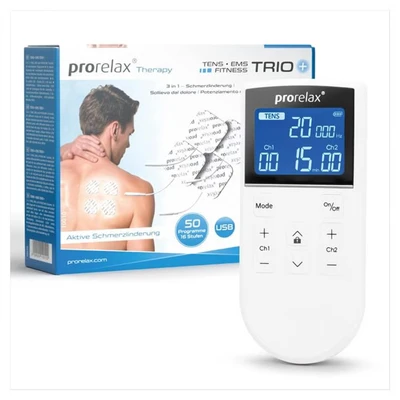 Abbildung von prorelax TENS EMS Gerät TENS/EMS Trio+, Akkubetriebenes Elektrostimulationsgerät, Muskelaufbau