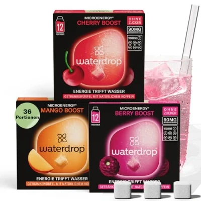 Abbildung von waterdrop® Microenergy Set, Energy Drink Pulver, 36 Würfel Getränkepulver, Mango, Kirsche &amp; Brombeere Geschmack, Zuckerfrei Kalorienarm, Mit 90 mg Natürlichem Koffein, Vitamin C B Flavour Drops
