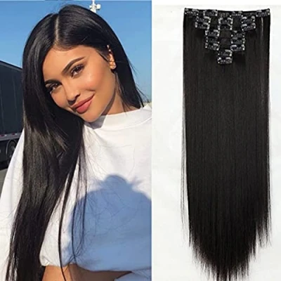 Abbildung von SEGO Clip in Extensions Haarverlängerung Haarteil 8 Tresssen wie Echthaar glatt Naturschwarz 23&quot;(58cm) 140g