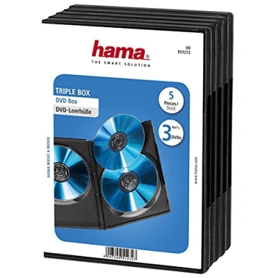 Abbildung von Hama DVD Hülle Triple (auch passend für CDs und Blu rays, mit Folie zum Einstecken des Covers) 5er Pack, schwarz