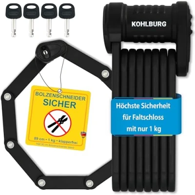 Abbildung von KOHLBURG Fahrrad Faltschloss höchste Sicherheit bei nur 1kg 89cm Modell Wien Fahrradschloss mit Halterung sehr sicheres als e Scooter Schloss &amp; eBike sicher