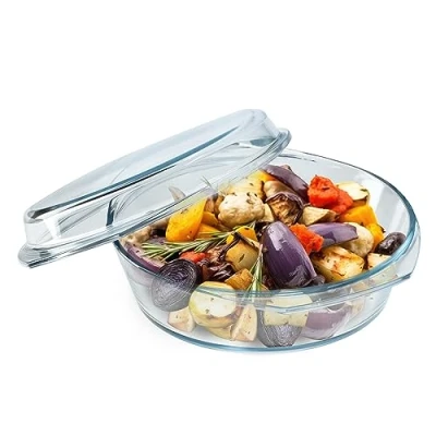 Abbildung von KADAX Auflaufform aus hitzebeständigem Glas, feuerfestes Gefäß, Glasbräter mit Deckel und Griffe, Geschirr zum Braten, Backofen, Elektroherd, für Lasagne, Fleisch, transparent (rund, 2,8L)