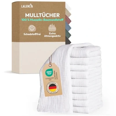 Abbildung von Laleni Spucktücher Baby im 20er Set aus Reiner Baumwolle schadstofffreie Mulltücher 70x70 cm saugstarke Mussellintücher Musselin Tuch als Mullwindel waschbare Weiß