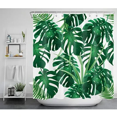 Abbildung von LB Duschvorhang Tropisch Grün Monstera Blätter Wasserdicht Anti Schimmel Extra Lang Weiß Polyester Badezimmer Vorhänge mit 12 Haken,180x200cm