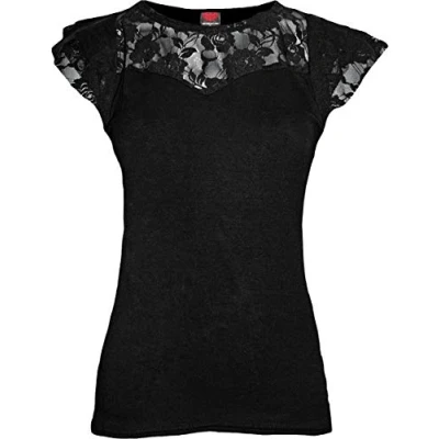 Abbildung von Spiral Gothic Elegance Top mit Flügelärmeln &amp; Spitze Schwarz XXL