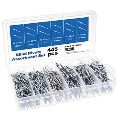 Abbildung von Gueenky 445 Stück Nieten Aluminium 3,2/4 mm, 6 Größen Blindnieten Set Popnieten Sortiment mit Aufbewahrungsbox für Metall Holz Kunststoff