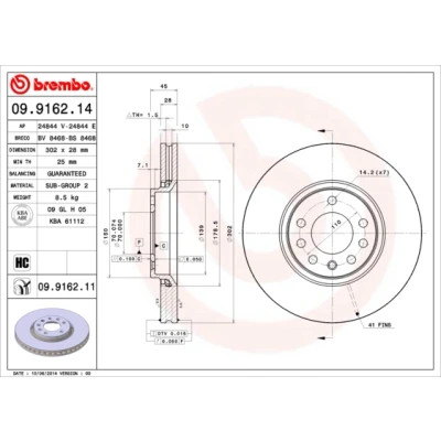 Abbildung von BREMBO 09.9162.14 Bremsscheibe 302 28 5 innenbelüftet hochgekohlt OPEL: Vectra C CC, Caravan, Signum SAAB: 9 3 Kombi, Limousine