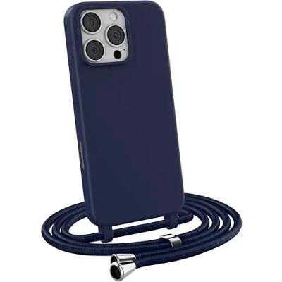 Abbildung von MyGadget Handykette für iPhone 15 Pro Max [ Hülle mit verstellbaren Band ] TPU Handyhülle Handyband zum Umhängen Kordel Schnur Case Schutzhülle Dunkelblau