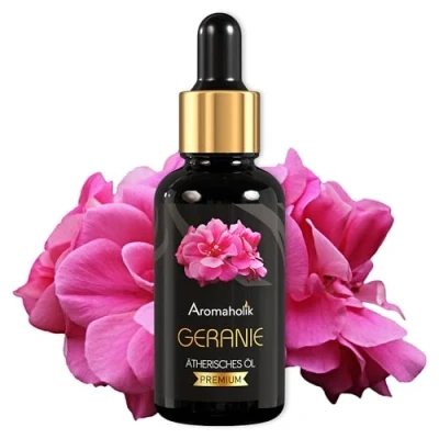 Abbildung von Aromaholik Geraniumöl BIO 100% naturrein Ätherische Öle für Diffuser &amp; Aroma Zertifiziertes ätherisches Öl aus Indien Geranium Essential Oils 30ml Sauna Massage