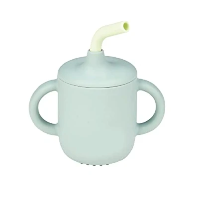 Abbildung von Nattou Silikon Trinkbecher für Kinder, 3 tlg., 1 Becher mit Deckel, Strohhalm, Reinigungsbürste, BPA frei, Silicon, Grün