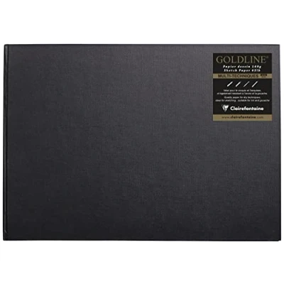 Abbildung von Clairefontaine Ref. 34242C Goldline Kastenblock (64 weiße Blätter) A3 Größe (420 x 297 mm), 140 g/m² Papier, Querformat schwarzer Einband geeignet für Trockentechniken
