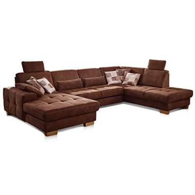 Abbildung von CAVADORE Wohnlandschaft Puccino mit Federkern, Bettfunktion, Sitztiefenverstellung und 2 Kopfstützen / Sofa in U Form im Landhausstil 340 x 86 224 cm Mikrofaser braun