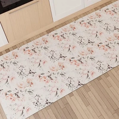 Abbildung von PETTI Artigiani Italiani Teppich für Küche, rutschfest, waschbar, 52 x 380 cm, florales Design 17 Weiß, 100% Made in Italy