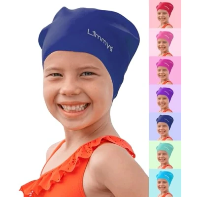 Abbildung von Limmys Premium Badekappe Kinder, badehaube Kinder Langes und kurzes Haar Schwimmkappe für Mädchen Jungen Hochwertige Qualität, Dehnbare &amp; Bequeme (L, Blau)