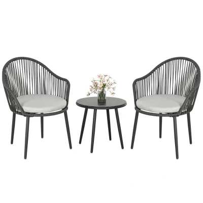 Abbildung von Outsunny Sitzgruppe Rattan Gartenmöbel Set mit 2 Gartenstühlen, Beistelltisch, (Sitzgarnitur, 3 tlg., Gartengarnitur), für Balkon, Terrasse, Stahl, Dunkelgrau