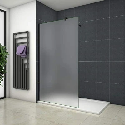 Abbildung von Aica Sanitär Duschwand Walk In Dusche 80cm Duschabtrennung 10mm NANO Milchglas Glas Duschtrennwand 200cm Höhe Splitterschutzfolie mit Schwarzen Anbauteilen