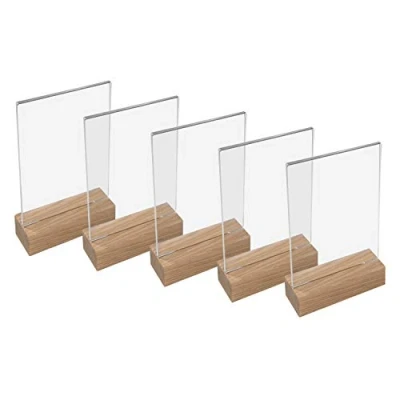 Abbildung von HMF 46940 Acryl Tischaufsteller mit Holzfuß 5 Stück DIN A6 Hochformat Glasklar