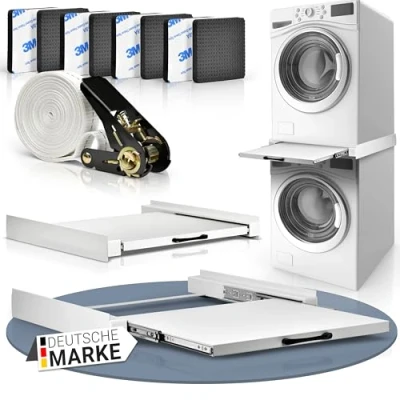 Abbildung von LECURE® Waschmaschinen Verbindungsrahmen [60x60cm] Universal einsetzbarer Zwischenbaurahmen zur Verbindung von Waschmaschine und Trockner Inkl. Ausziehplatte