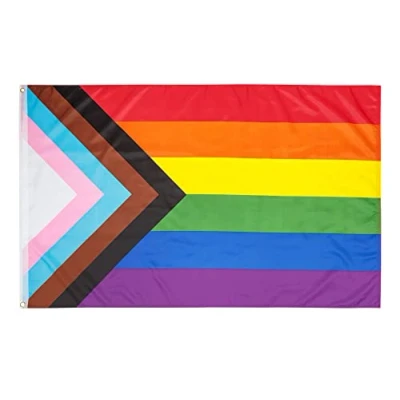 Abbildung von PHENO FLAGS Flagge Progress Pride Regenbogen Fahne Lgbtq Progressfahne (Hissflagge für Fahnenmast), Inkl. 2 Messing Ösen