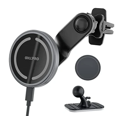 Abbildung von OHLPRO Kompatibel mit MagSafe Autohalterung Ladegerät, Handyhalterung Auto Ladefunktion für iPhone 16 Pro Max/16 pro/16 Plus/15/14/13/12 Serie, Magnet Handyhalter Kabelloses KfZ Halter (Grau)