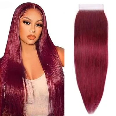 Abbildung von Tuheerst Lace Closure Burgundy 4X4 Bresilienne Straight Hair #99J with Baby 100% Unprocessed Brazilian Virgin Remy Top Swiss 22 Inch