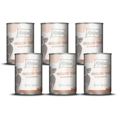 Abbildung von MjAMjAM Premium Nassfutter für Hunde vorzüglicher Strauß an fruchtigem Apfel, 6er Pack (6 x 400g), getreidefrei mit extra viel Fleisch