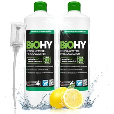 Abbildung von BiOHY Reinigungsmittel für Saugwischer mit Frischeduft (2 x 1 liter) + Dosierer 1:200 Konzentrat alle Nass Trockensauger ideal Fliesen, PVC, Parkett, Laminat &amp; Teppich streifenfreier