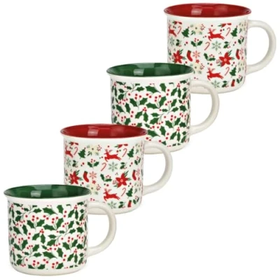 Abbildung von Weihnachtsbecher 4er Set aus Porzellan Tassen Weihnachtsdekor Süße Kaffeetassen 13 x 8 cm Rot &amp; Grün Motive Glühweintasse für Winter, Weihnachten Hochwertiges Porzellan, Spülmaschinenfest