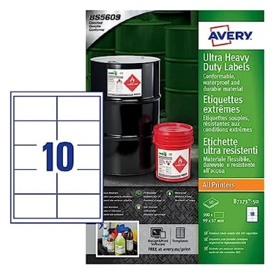 Abbildung von Avery b717350 A4 Ultra robuste Wasserdicht GHS Etiketten, bs5609 zertifiziert, für alle Drucker, 57 x 99 mm weiß