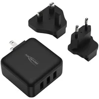 Abbildung von ANSMANN Travel USB Charger 15W Fast Charge Universal Adapter Reiseadapter Reisestecker mit 3 Ports und AC Steckdosenadapter kompatiblen Wechselsteckern für USA UK Europa