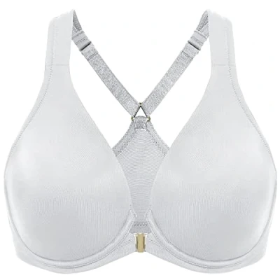 Abbildung von DELIMIRA Damen Vorderverschluss Racerback BH Grosse Grössen Bügel BHS Tiefer Ausschnitt Ungefüttert Vollschalen French Grey 75B