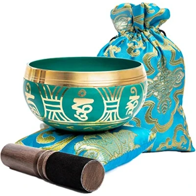 Abbildung von Himalayan Bazaar Tibetische Klangschalen Set mit Tasche, einfach zu spielen, authentische Handarbeit, Achtsamkeit, Meditation, ganzheitlicher Klang, 7 Chakra Heilungsgeschenk