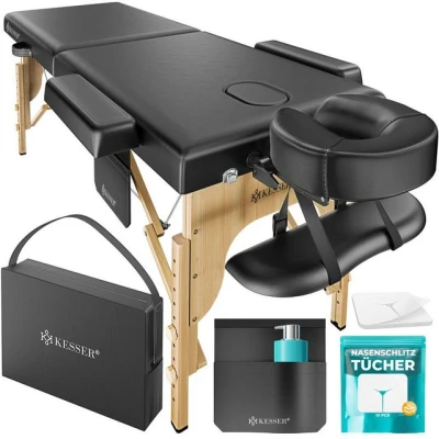 Abbildung von KESSER® Mobile Massageliege mit Holzfüßen klappbar &amp; höhenverstellbar 2 Zonen Massagebett Massagetisch Kosmetikliege Breite Therapieliege Kopfstütze Armlehnen inkl. Tragetasche 10x Tücher