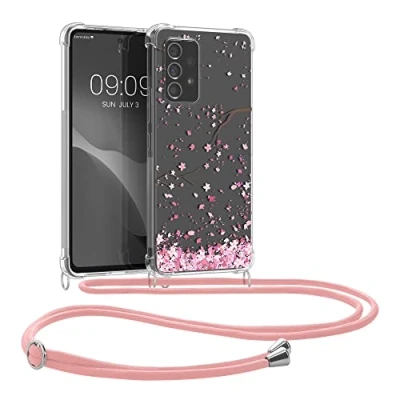 Abbildung von kwmobile Necklace Case kompatibel mit Samsung Galaxy A53 5G Hülle Silikon Cover Handykette Rosa Dunkelbraun Transparent Kirschblütenblätter