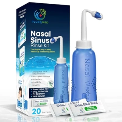 Abbildung von Nasenduschen Set, 300 ml Flasche + 20 Salzbeutel, Neti Kännchen, Nasendusche, Erwachsene, Kinder ab 5 Jahren, Nasendusche zur Nasenreinigung und Nasenspülung, PLUSQMED