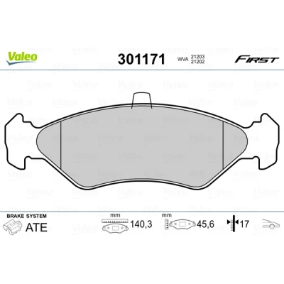 Abbildung von VALEO 301171 Bremsbelagsatz FIRST Vorderachse exkl. Verschleißwarnkontakt ohne Anti Quietsch Blech FORD: KA Schrägheck, FIESTA 4, 3