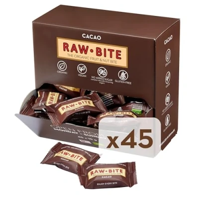 Abbildung von RAWBITE Riegel CACAO Mini I 45 schokoladige Bio Nuss in der Snackbox Kakao, Datteln und Nüssen Vegan, glutenfrei, laktosefrei enthält von Natur aus Zucker mit 11g Protein x 15g