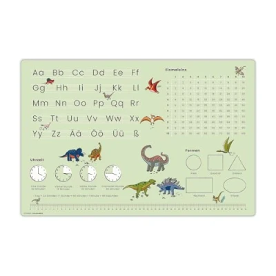 Abbildung von Schreibtischunterlage für Kinder Lernunterlage zur Einschulung in verschiedenen Designs ABC, 1x1, Uhrzeiten 60 x 40 cm aus abwischbarem Vinyl Made Germany (Dinosaurier Optik)