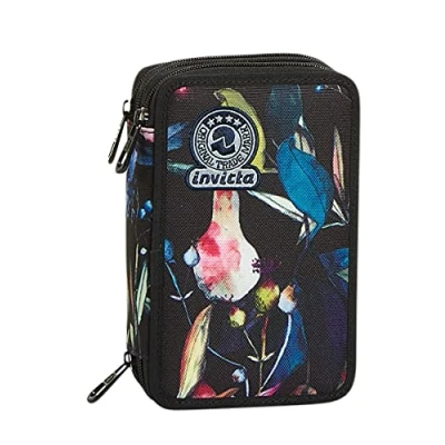 Abbildung von Invicta Federmäppchen, Mäppchen, mehrfarbig, Federtasche für Schreibwaren, Etui mit Stiften, Kugelschreiber, &amp; mehr, 3 Fächer, Mädchen Jungen, Schule Grundschule, XXL WILDFLOWERS schwarz