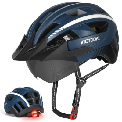 Abbildung von VICTGOAL Fahrradhelm MTB Mountainbike Helm mit magnetischem Visier Abnehmbarer Sonnenschutzkappe und LED Rücklicht Radhelm Rennradhelm für Erwachsenen Herren Damen (XL: 59 63cm, Navy)