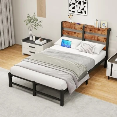 Abbildung von VERFARM Bettrahmen Metallbett 120 x 200 cm Doppelbett Einzelbett Bettgestell, Modern Jugendbett mit Lattenrost,Bettrahmen Holz Stauraum Kopfteil, für Schlafzimmer Gästezimmer, Vintage Braun