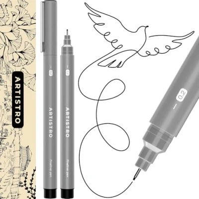 Abbildung von Artistro Fineliner Stifte Set, 2 Stück Schwarz Filzstiften, Tuschezeichner, Stifte, Wasserfest Tuschestifte zum Skizzieren, Illustration, Kalligraphie, Zeichnen, Handlettering