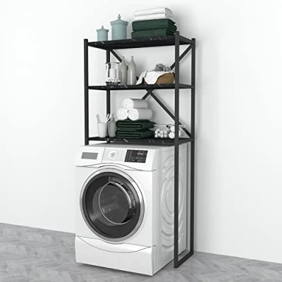 Abbildung von en.casa Badregal, Askersund Waschmaschinenregal 160x66x34cm Marmor Optik, schwarz