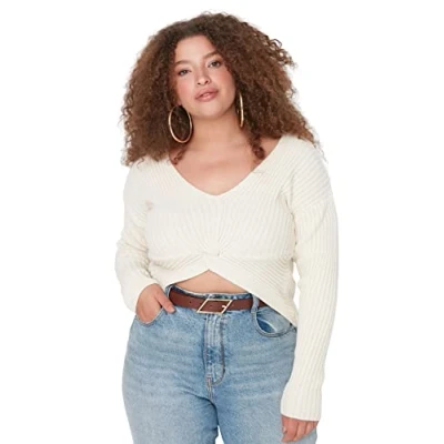 Abbildung von Trendyol Damen Pullover mit V Ausschnitt, einfarbig, regulär, Übergröße Sweatshirt, Stone, 3XL