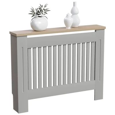 Abbildung von Vida Designs Arlington Heizkörper Abdeckung, moderner, grau lackierter Schrank aus mitteldichter Faserplatte, Lamellen, Rillen, obere Regalplatte Holz, mittelgroß