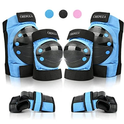 Abbildung von CHEPULA Schoner Inliner Kinder Erwachsene, 6 in 1 Protektoren Set, Verstellbare Knieschoner Ellenbogenschoner Handgelenkschoner, Schützer Schutzausrüstung Schonerset für Skateboard Skate, Blau, S