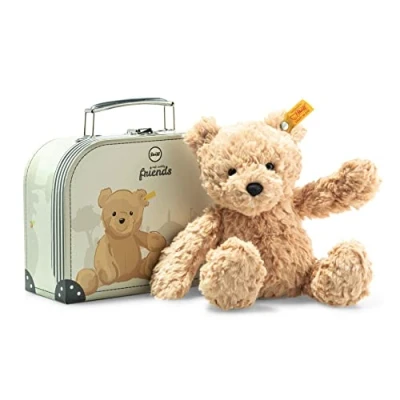 Abbildung von Steiff Kuscheltier Jimmy Teddybär im Koffer, Süßes Stofftier mit Kunststoffaugen, Kinder, Jungen &amp; Mädchen, Soft Cuddly Friends, Plüschtier 25 cm, Hellbraun, 113918